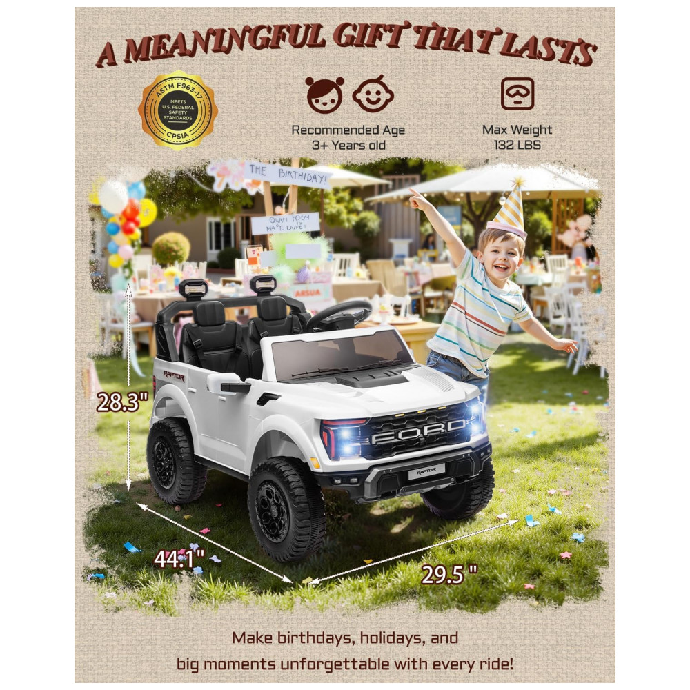 Carro Elétrico Infantil Licenciado Ford F-150 Raptor 24V Branco 2 Lugares com Controle Remoto, Bluetooth, Luzes LED, Baú e Partida Suave - Imagem 8