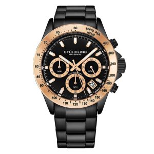 Relgio de pulso crongrafo Ultima 3960 de 42mm com mostrador preto e pulseira de ao inoxidvel preta - Stuhrling