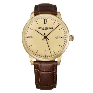 Relgio Stuhrling Classic 3997A com Mostrador Champanhe de 40mm Pulseira de Couro Marrom e Detalhes em Amarelo
