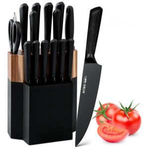 Conjunto de Facas Vvwgkpk em Aço Inoxidável com Bloco de Bancada Multinível 15 Peças Preta