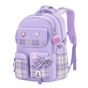 Mochila escolar infantil kistou quadriculada com laço oxford impermeável grande capacidade roxa