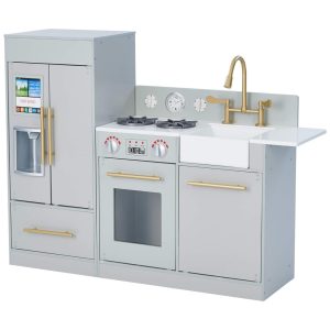 Cozinha Infantil em Madeira com Geladeira Fogão e Pia para Crianças Acima de 3 Anos Teamson Kids Cinza