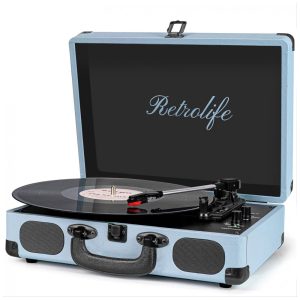 Toca-discos portátil Retrolife 3 Velocidades Bluetooth em Maleta com Alto-falantes Integrados Saída RCA Auxiliar para Fone de Ouvido