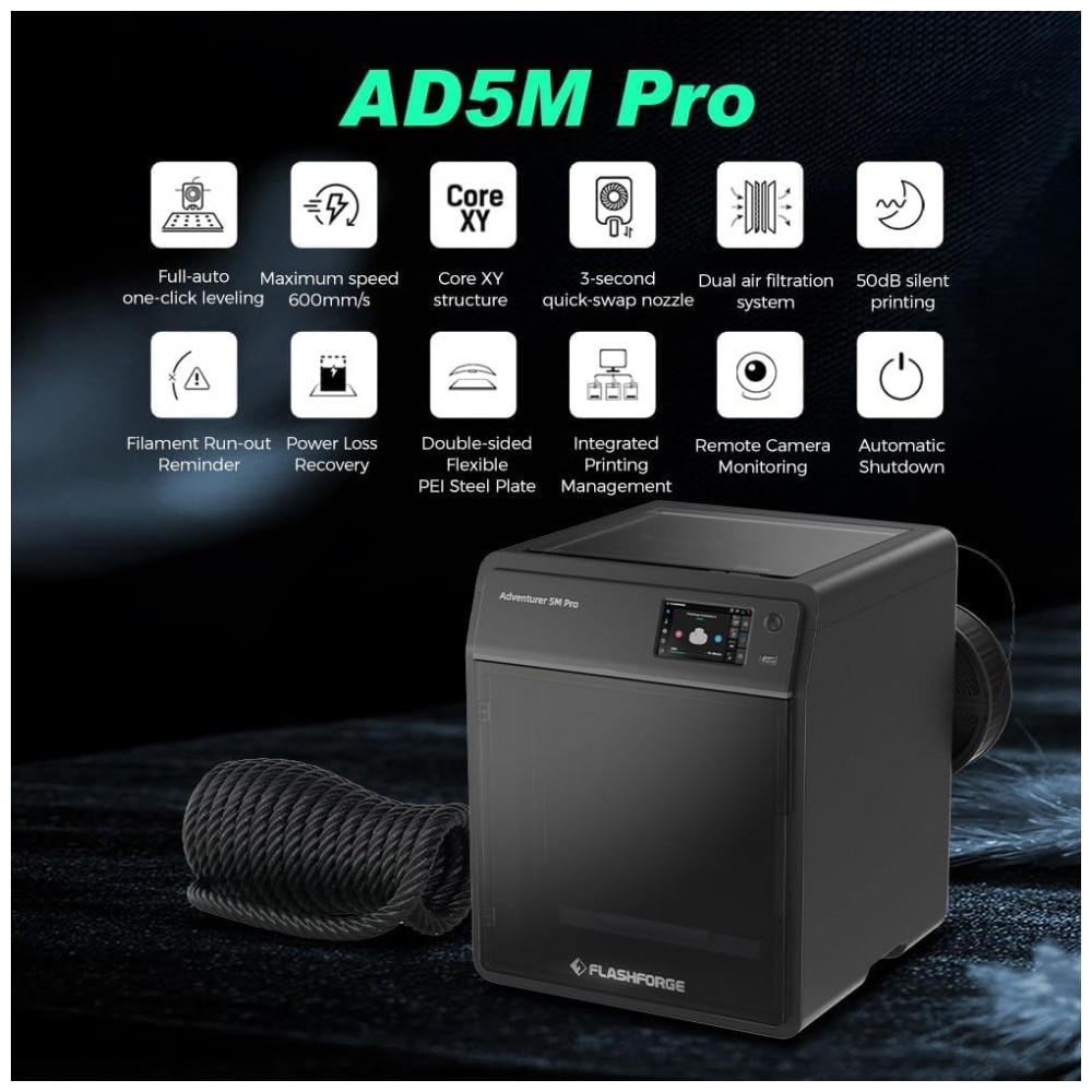 Impressora 3D FLASHFORGE AD5M Pro 600mms Alta Velocidade Core XY, Nivelamento Automático em 1 Clique, Impressão Silenciosa de 50dB com Câmera, - Imagem 2