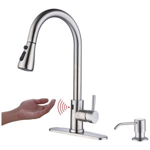 Torneira Cozinha com Sensor de Movimento Pulverizador e Dispensador de Sabão Aço Inoxidável Keer Níquel Escovado