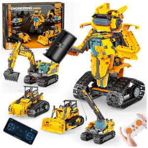 Kit 5 em 1 Robô STEM QHECTTY controle remoto e app 736 peças veículos de construção