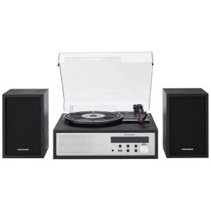 Toca-Discos Crosley CR7022ABK Sloane 3 Velocidades com Bluetooth e Rádio FM Sistema de Prateleira com Alto-Falantes Estéreo Combinados Preto