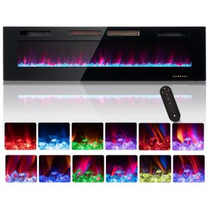 Lareira Elétrica oneinmil de 173 cm Embutida ou de Parede Controle Remoto com Timer 12 Cores de Chama Ajustáveis Pedras de Cristal 750W/1500W.