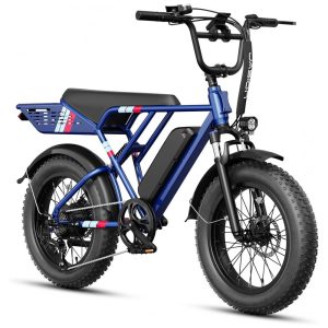 Bicicleta elétrica Jasion RetroVolt azul marinho pneus 20x4 motor 750W pico 2000W bateria 48V 13Ah 7 marchas suspensão dupla freios disco duplo 110V