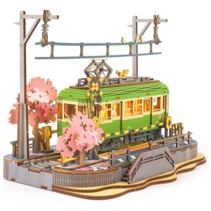 Quebra Cabeças 3D em Madeira para Adultos Tema Estação de Trem com 223 Peças e Luzes LED Rolife Verde e Rosa