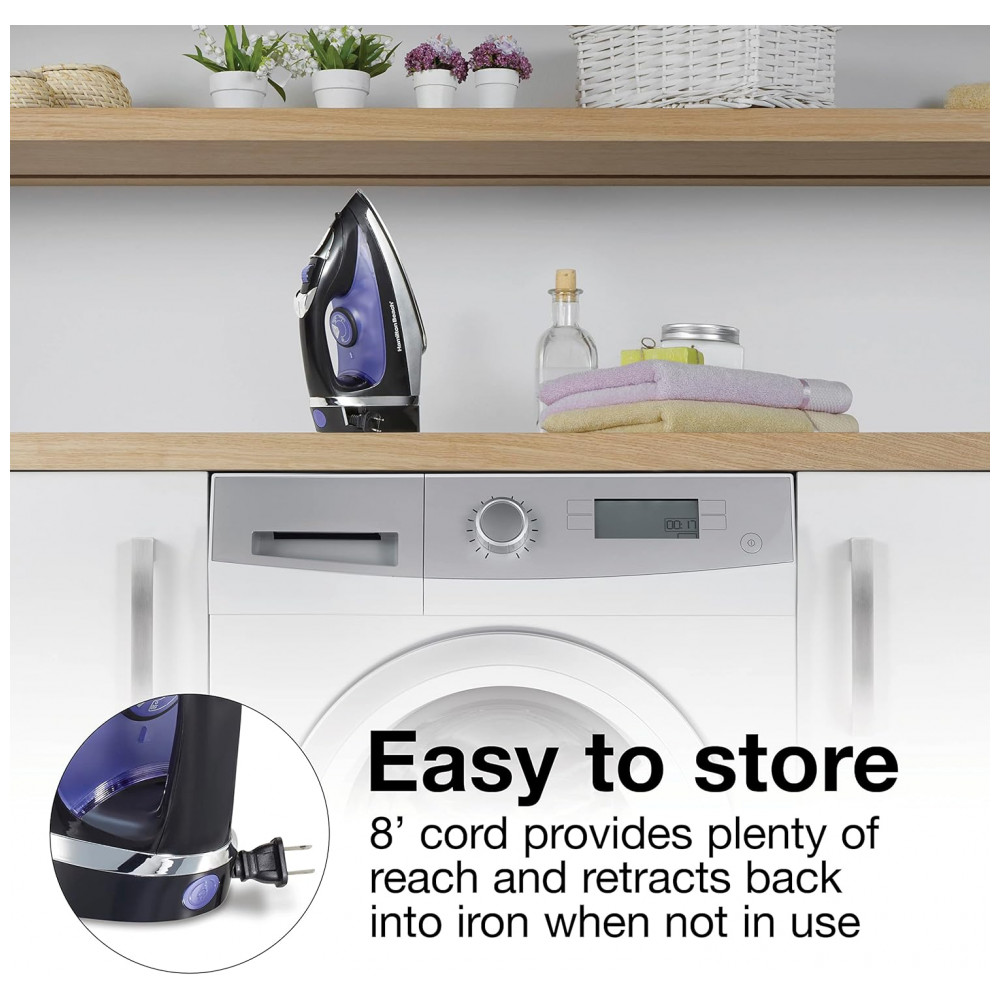 Ferro de Passar a Vapor Hamilton Beach com Base de Aço Inoxidável, 1200 Watts e Cabo Retrátil de 2,4 metros, Preto - Imagem 3