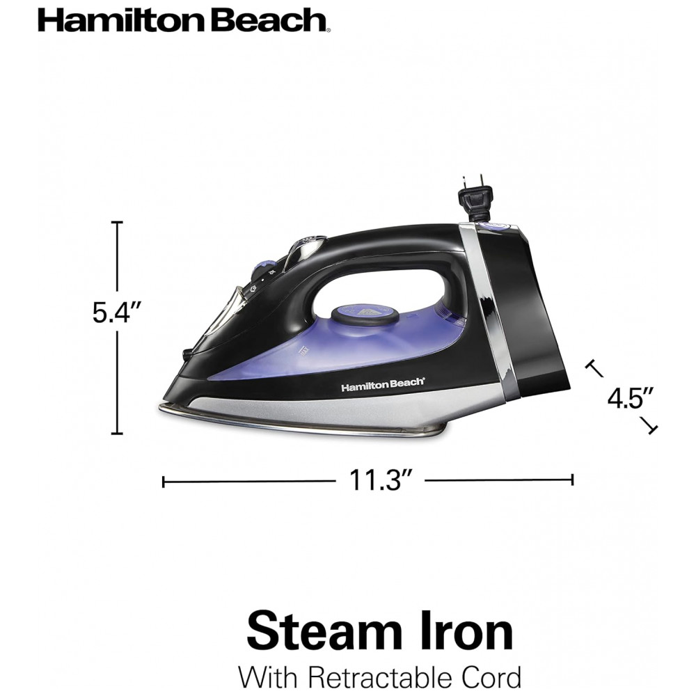 Ferro de Passar a Vapor Hamilton Beach com Base de Aço Inoxidável, 1200 Watts e Cabo Retrátil de 2,4 metros, Preto - Imagem 8