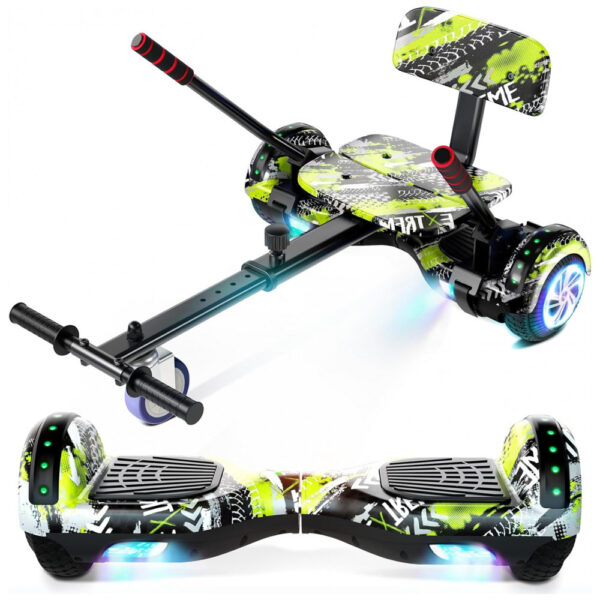 Hoverboard com Assento para Crianças e Adultos, Auto Balanceamento 6,5 e 8,5 polegadas, Bluetooth com Luzes LED Coloridas e Kart – Verde Velocidade