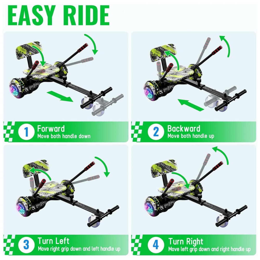 Hoverboard com Assento para Crianças e Adultos, Auto Balanceamento 6,5 e 8,5 polegadas, Bluetooth com Luzes LED Coloridas e Kart – Verde Velocidade - Imagem 4