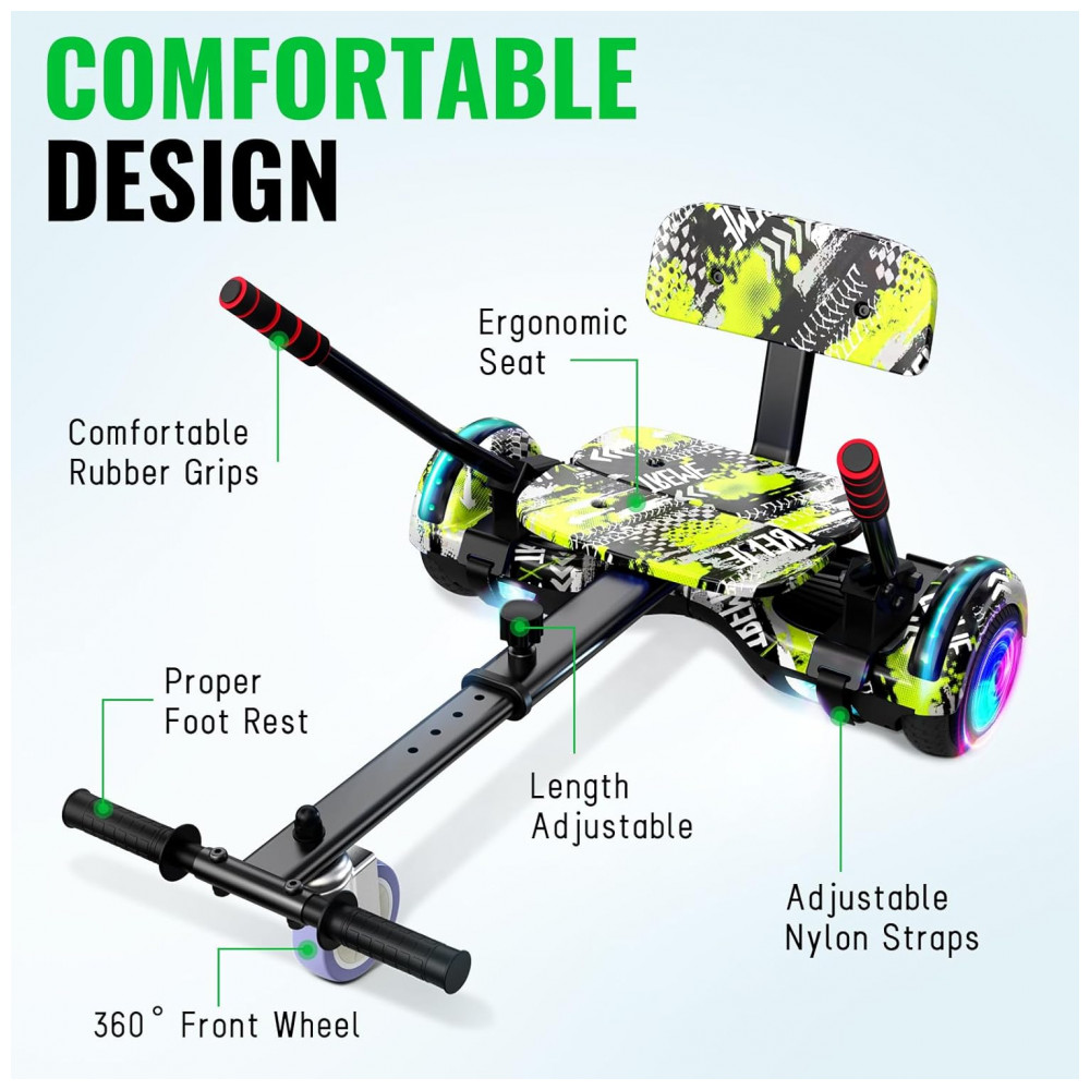 Hoverboard com Assento para Crianças e Adultos, Auto Balanceamento 6,5 e 8,5 polegadas, Bluetooth com Luzes LED Coloridas e Kart – Verde Velocidade - Imagem 5
