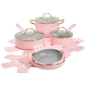 Jogo de Panelas e Frigideiras com Revestimento Antiaderente e Tampas de Vidro Temperado 12 Peças Paris Hilton Rosa