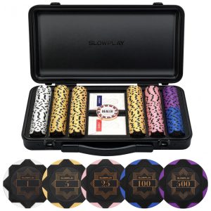 Maleta de Poker com Detalhes de Couro e 300 Fichas Numeradas para Texas Holdem SLOWPLAY Preta