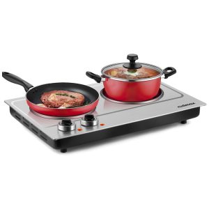 Cooktop Fogão Elétrico Portátil Duplo Queimador de Cerâmica Infravermelho 1800W 110V CUSIMAX Prata