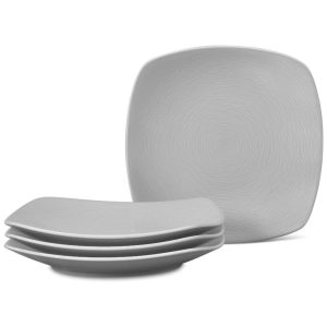 Conjunto de Pratos para Jantar com 4 Peças Formato Quadrado Material de Porcelana e Designer em Círculos Concêntricos em Espiral Noritake 4390-586D Cinza