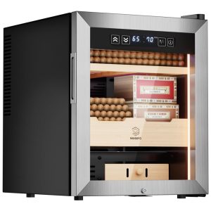 Umidor de Charutos Elétrico 50 Litros MIUGUYO para 350 Charutos Controle de Temperatura e Umidade Gabinete em Cedro Espanhol Trava.