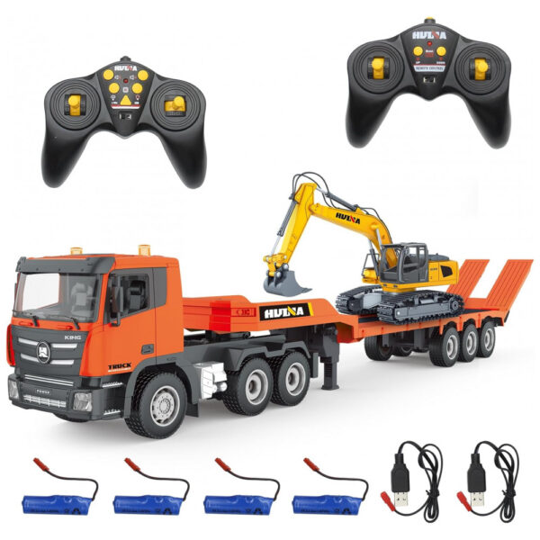Brinquedo Conjunto Caminhão Semi Truck Escavadeira RC da Fistone, Controle Remoto 2.4Ghz Caminhão Prancha com Brinquedo Escavadeira,