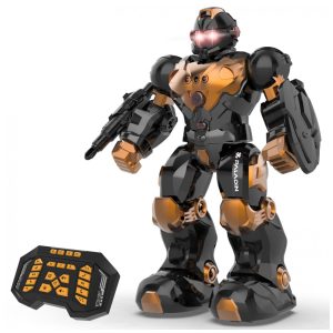 Robô programável STEMTRON marrom com controle remoto gestos comando de voz lançador músicas histórias e bateria recarregável