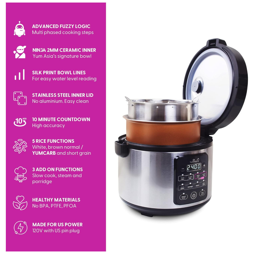 Panela de Arroz Elétrica 1 Litro em Aço Inoxidável e 8 Predefinições 110V YumAsia Kumo Prata - Imagem 3