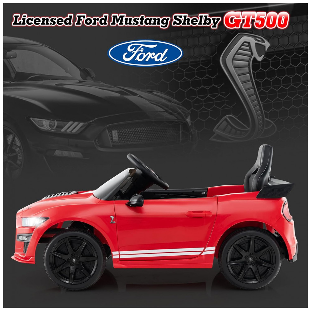 Carro Elétrico Infantil Licenciado Ford Mustang Shelby GT500 OLAKIDS Vermelho 12V 2 Velocidades Controle Remoto LED USB Rádio Música - Imagem 3