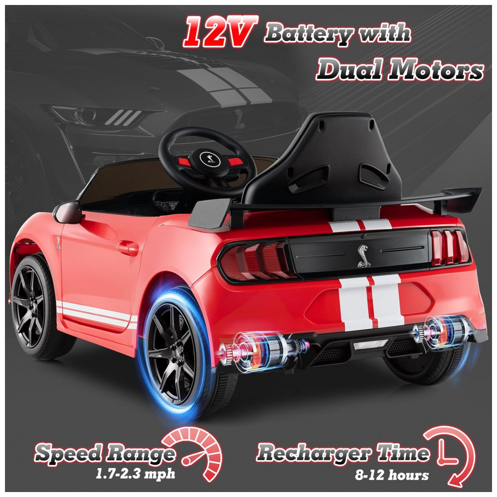 Carro Elétrico Infantil Licenciado Ford Mustang Shelby GT500 OLAKIDS Vermelho 12V 2 Velocidades Controle Remoto LED USB Rádio Música - Imagem 4