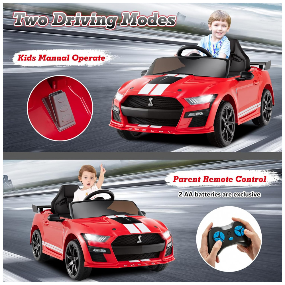 Carro Elétrico Infantil Licenciado Ford Mustang Shelby GT500 OLAKIDS Vermelho 12V 2 Velocidades Controle Remoto LED USB Rádio Música - Imagem 5