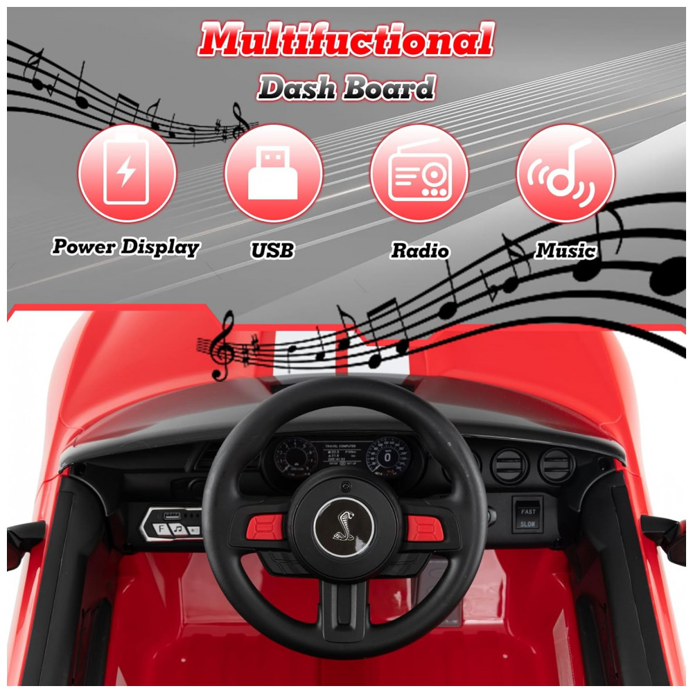 Carro Elétrico Infantil Licenciado Ford Mustang Shelby GT500 OLAKIDS Vermelho 12V 2 Velocidades Controle Remoto LED USB Rádio Música - Imagem 6