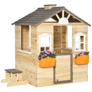 Casinha Infantil de Madeira para Área Externa com Porta de Trabalho Janelas Banco Posto de Serviço e Suportes para Vasos de Flores Outsunny Marrom