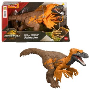 Dinossauro articulado Mattel Jurassic World Rebirth Wild Roar Utahraptor com ataque pela cauda rugido e integração digital via app
