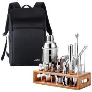Kit Bartender Profissional 25 Peças em Aço Inoxidável com Suporte de Bambu e Mochila TEAVAS Prata