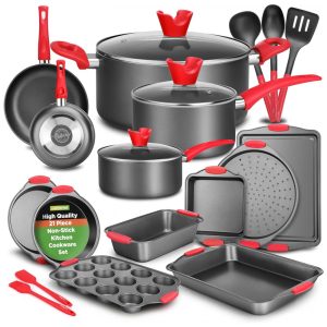 Jogo de Panelas e Frigideiras Antiaderentes em Aço Inoxidável com Utensílios 21 Peças NutriChef Preto