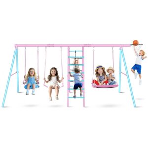 Balanço Infantil Multifuncional 6 em 1 SIHANM Metal Reforçado Rosa e Azul Claro com 3 Balanços Ajustáveis Escada Rede de Escalada Cesta de Basquete Suporta até 318 kg