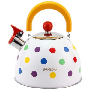 Chaleira de Chá SHANGZHER 2.5 Litros em Aço Inoxidável com Apito e Alça Dobrável Branca