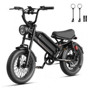 Bicicleta elétrica off-road 16" Jasion YR16 preta pneus largos 4" suspensão dupla motor 2000W pico bateria 600Wh 7 marchas 48V 110V