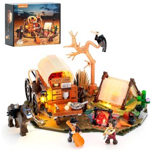 Conjunto de blocos de montar Lumibricks Cowboy Camp Lighting Velho Oeste com iluminação LED carroça coberta e cavalo 542 peças
