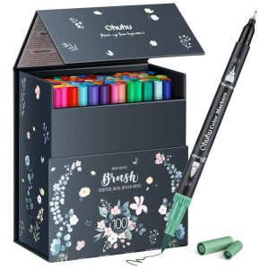 Conjunto de Canetas Artisticas 100 Cores com Pontas Duplas Pincel Fino à Base de Água para Crianças e Adultos Ohuhu Preta