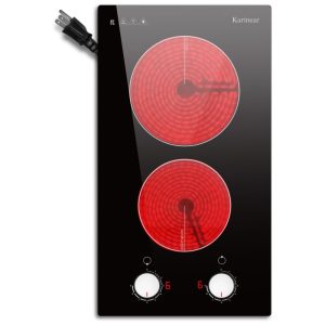Cooktop Elétrico Karinear 2 Bocas 30cm: Controle de Botão Cerâmica Embutida 9 Níveis de Aquecimento Alerta de Calor Segurança.