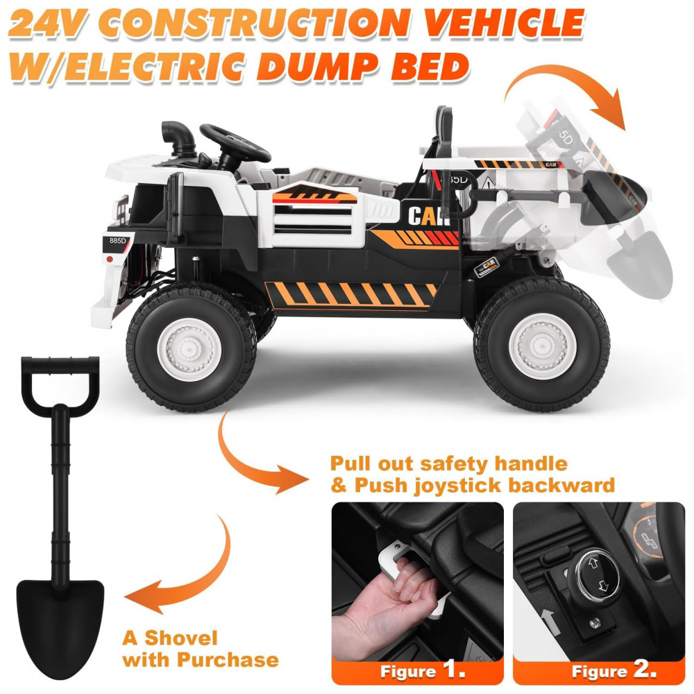 Carrinho Elétrico Infantil 2 Lugares 4x4 4 Motores 70W 24V10AH Bluetooth Carga Caçamba Basculante Controle Remoto JOYLDIAS Branco - Imagem 3