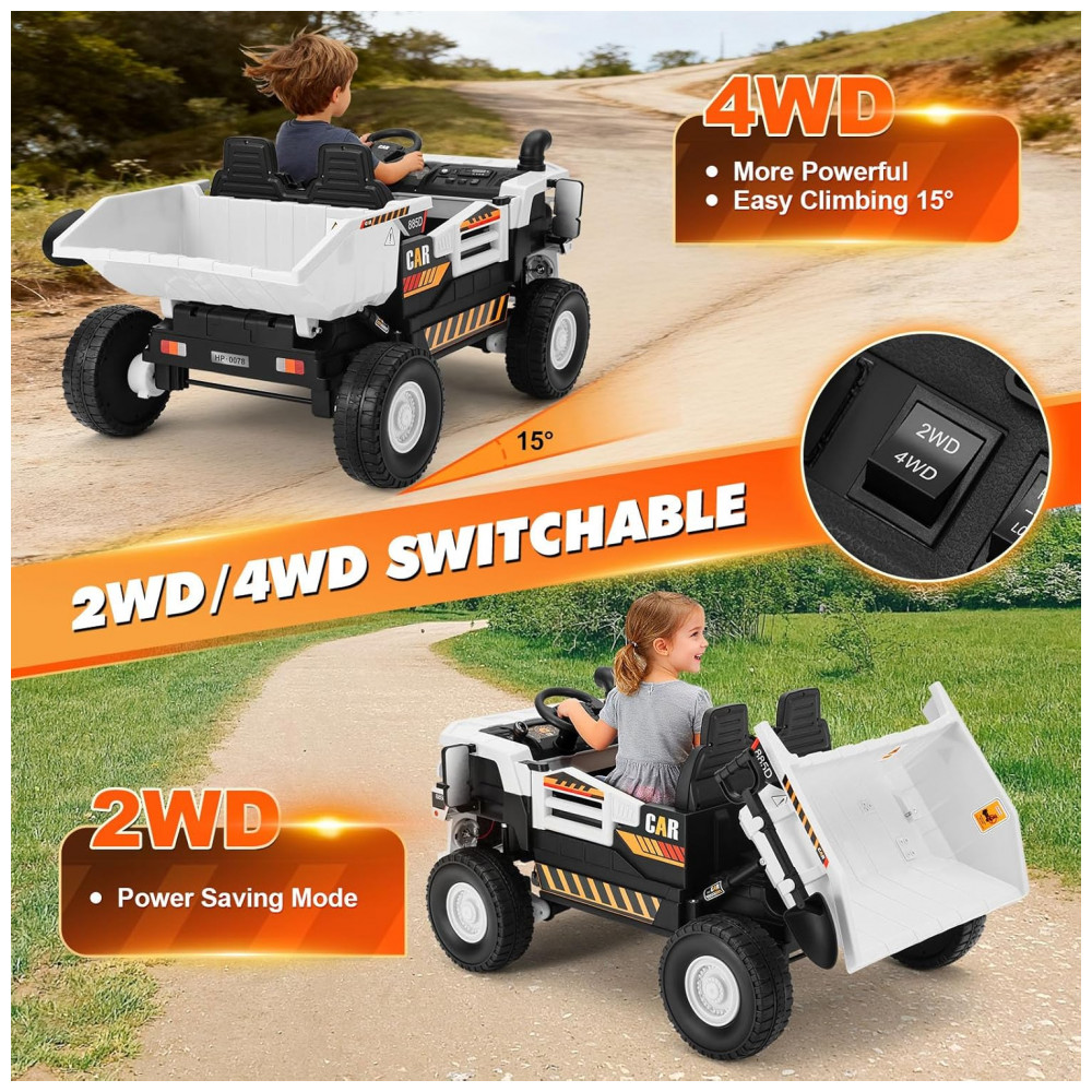 Carrinho Elétrico Infantil 2 Lugares 4x4 4 Motores 70W 24V10AH Bluetooth Carga Caçamba Basculante Controle Remoto JOYLDIAS Branco - Imagem 5