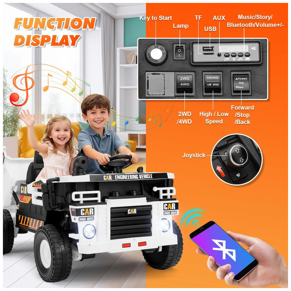 Carrinho Elétrico Infantil 2 Lugares 4x4 4 Motores 70W 24V10AH Bluetooth Carga Caçamba Basculante Controle Remoto JOYLDIAS Branco - Imagem 6