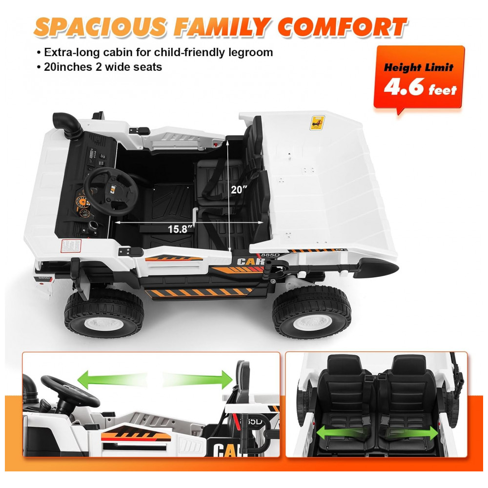 Carrinho Elétrico Infantil 2 Lugares 4x4 4 Motores 70W 24V10AH Bluetooth Carga Caçamba Basculante Controle Remoto JOYLDIAS Branco - Imagem 7