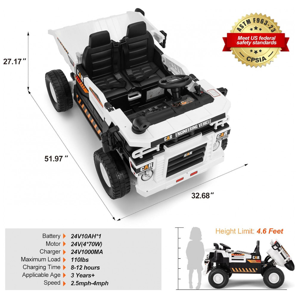 Carrinho Elétrico Infantil 2 Lugares 4x4 4 Motores 70W 24V10AH Bluetooth Carga Caçamba Basculante Controle Remoto JOYLDIAS Branco - Imagem 8