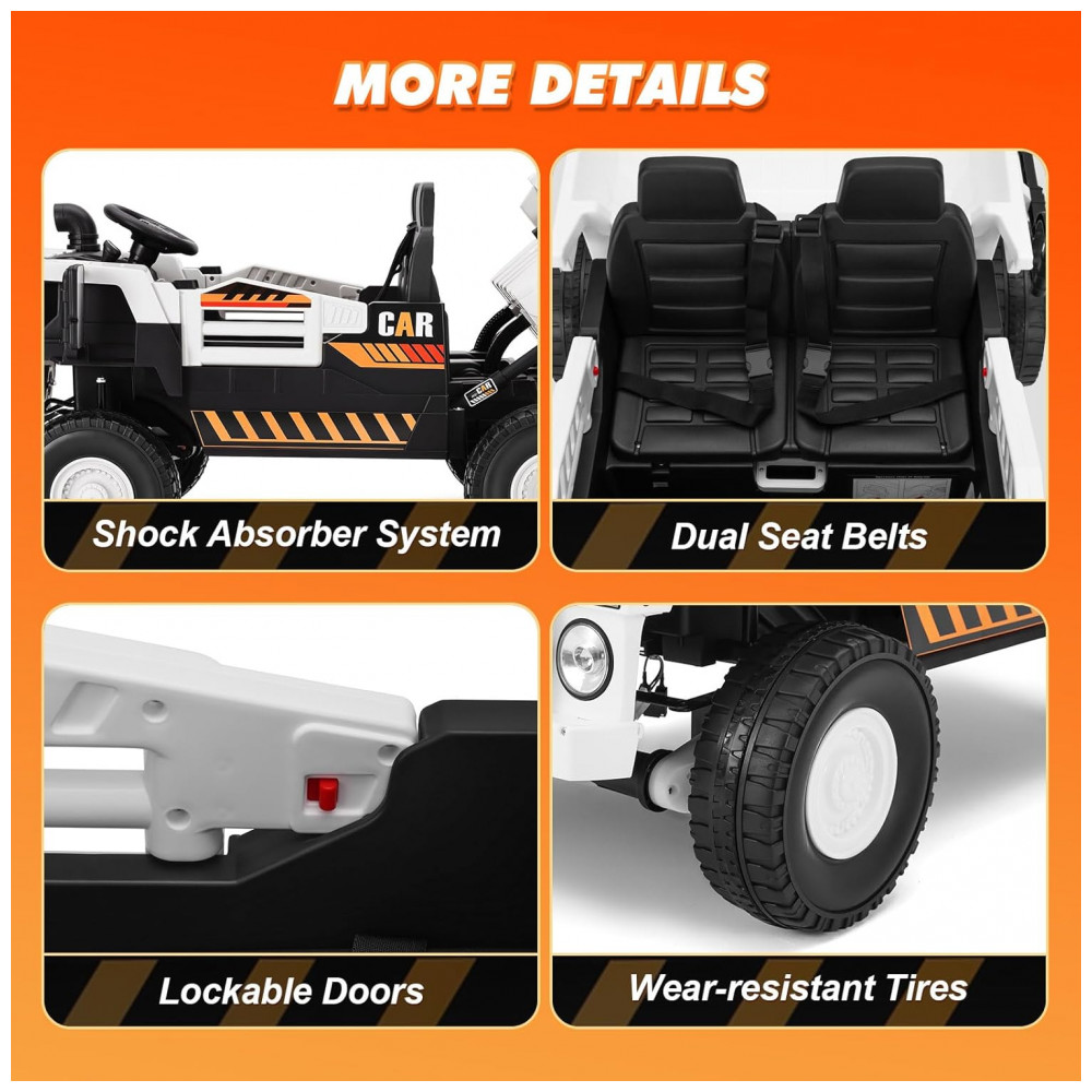 Carrinho Elétrico Infantil 2 Lugares 4x4 4 Motores 70W 24V10AH Bluetooth Carga Caçamba Basculante Controle Remoto JOYLDIAS Branco - Imagem 9