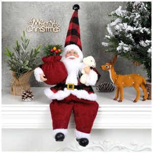 Enfeite de Natal Sentado Papai Noel Cute Chic AnyDesign com Saco de Presente e Ursinho - Decoração de Natal para Casa Escritório Mesa de Festa