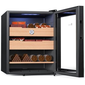 Umidor Elétrico KingChii 48 Litros Controle de Temperatura Gabinete de Cedro Espanhol Higrômetro Presente Ideal 120cm de Altura.