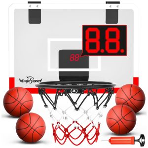 Cesta de Basquete com 4 Bolas Placar Eletrônico e Som de Torcida Brinquedo Ideal para Crianças e Adultos Eaglestone Branco e Vermelho